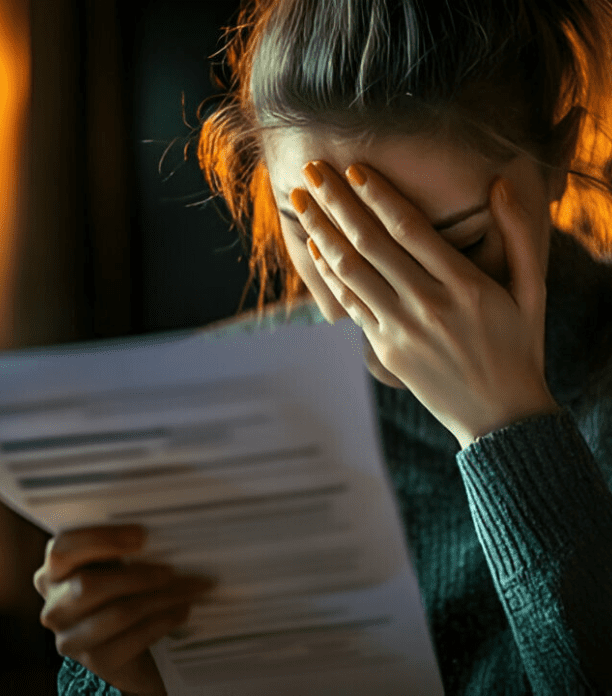 Frustrated woman reviewing insurance documents, showing signs of stress over an underpaid property claim.