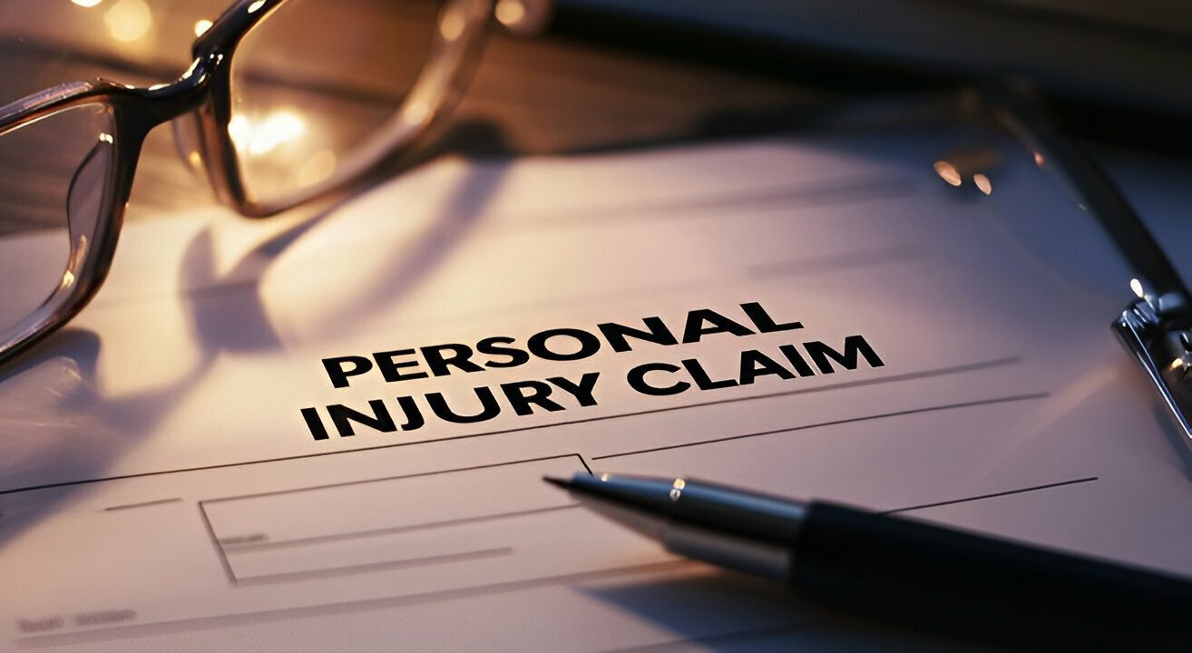 Personal injury claim document with pen and glasses on table